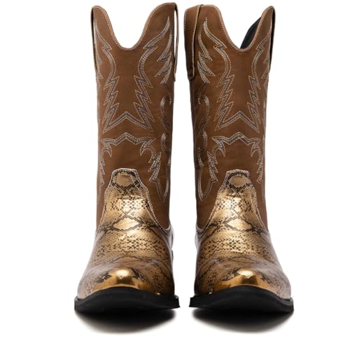 Image of Men's cowboy boots round toe boots embroidered with traditional Western country artificial snakeskin pattern