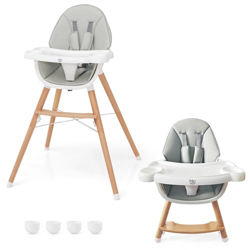 Image of BABY JOY Baby High Chair, Wooden High Chair for Babies & Toddlers with Dishwasher Safe Double Removable Tray, Infant Feeding Chair with 5-Point Safety Harness & Detachable PU Seat Cushion (Gray)
