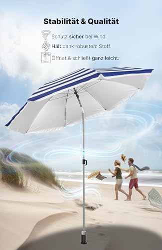 4smile Sonnenschirm Strand SunnyJoy, Blau-Weiß - UPF 50+ Strandschirm Ø 180 cm, sicherer Sonnenschutz Strand, Strandschirm windfest stabil - Sonnenschirm mit Schutzhülle 5