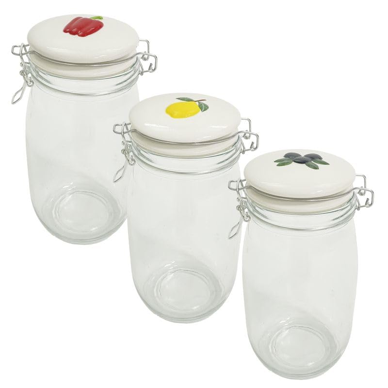 ROCKING GIFTS Set de x3 Bote de Cristal Transparente para Cocina Capacidad 1 5L Tapas de Cerámica Coloridas Recipiente Hermético Accesorios de Cocina 23 cm