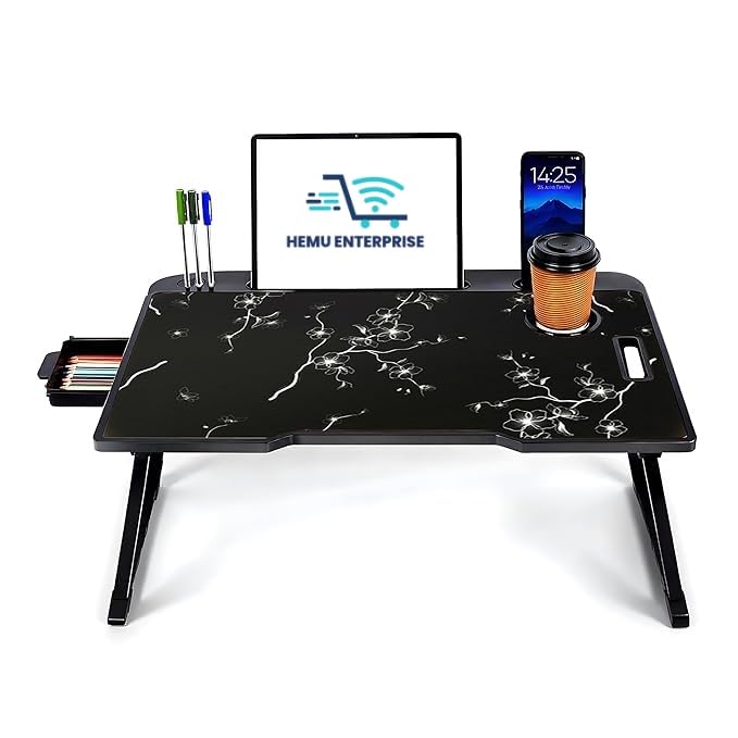 Image of Smart Multipurpose Foldable Laptop Table with Cup Holder, Study Table, Bed Table, Breakfast Table, Foldable and Portable /Ergonomic & Rounded Edges /Non-Slip Legs (Black Flower)
