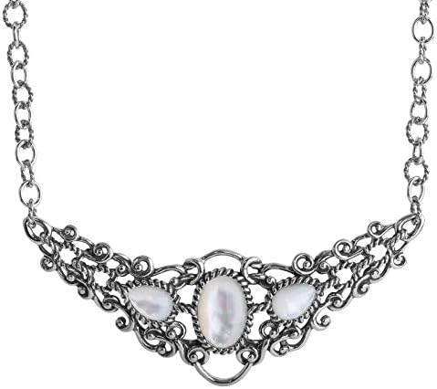 American West Sterling Silver Women's Necklace White & Grey Mother of Pearl Gemstone Reversible 17 Inch