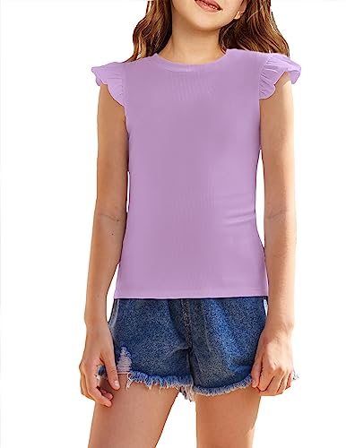 Image of Flypigs Girls T Shirts Ruffle Sleeve Summer Casual Ribbed Knit Crewneck Tee Tops Blouses