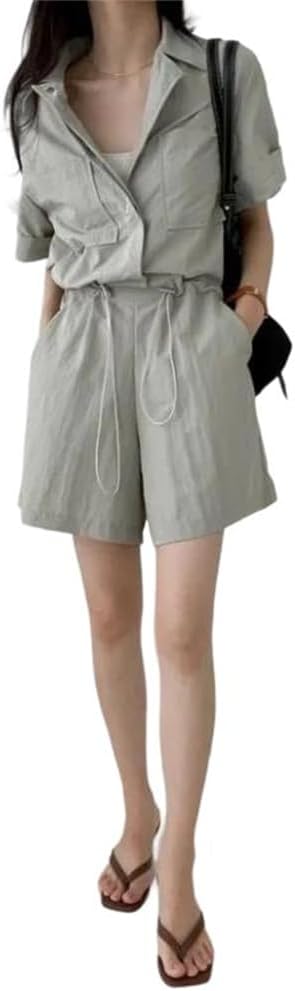 Women Spliced Retro Short Sleeve Set, Drawstring Waist Shirt Wide Leg Shorts Casual Daily Two-Piece Outfits