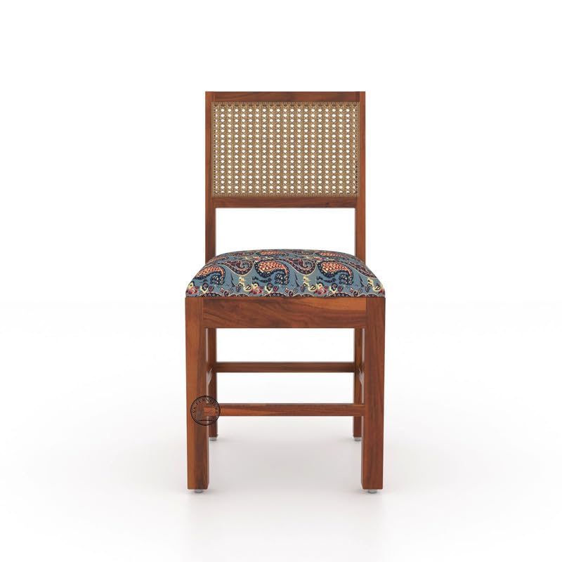 Image of VK Furniture Sheesham Solid Wood 4 Seater Dining Table Set of Four with 4 Print Cushion Cane Chairs for Dinner Hall Kitchen Living Room Home Office Restaurant |L45 X W30 X H30|Honey Finish