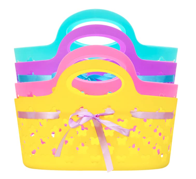 LSM Oval Plastic Baskets with Ribbons Set of 4, 8.375x11.625x7.5 in. Exclusively Bundled with Oggetto,Colors May Vary
