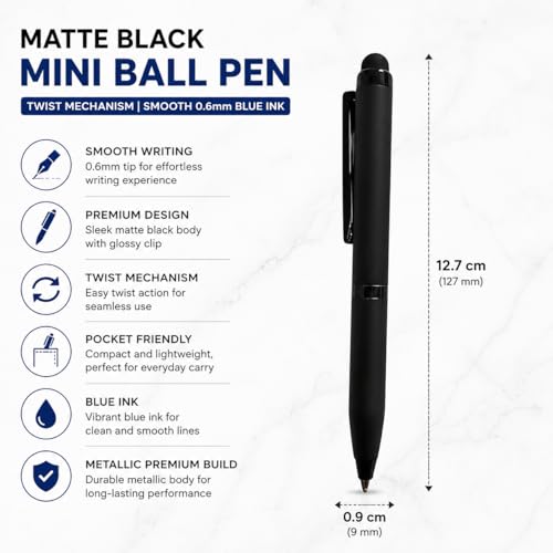 Image of Pen Paradise Set of 2 Matte Black Mini Ball Pen with Glossy Clip | Twist Mechanism | Smooth 0.6mm Blue Ink | Metallic Premium Pocket Pen for Office, Professionals & Gifting