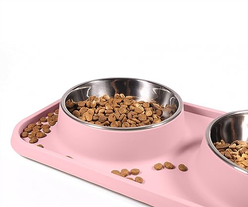 L.D.Dog Katzenfutternäpfe, Katzennäpfe, rutschfest und auslaufsicher, Silikonmatten mit Ständer, herausnehmbare Edelstahl-Futter- und Wasserschalen für Katzen (Pink)