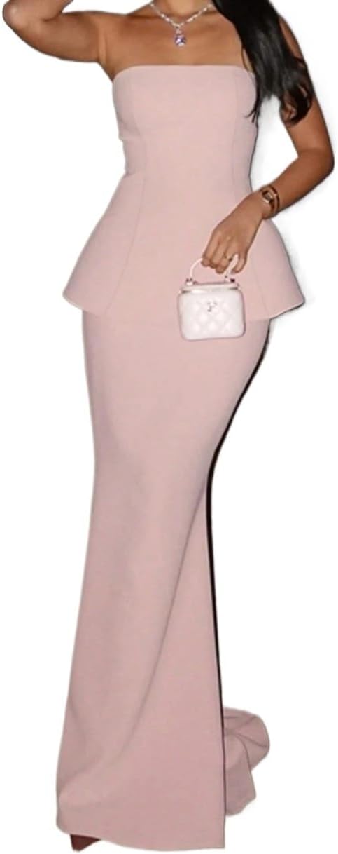 Women's Summer Strapless Peplum Top And High Waist Mermaid Maxi Skirt Set