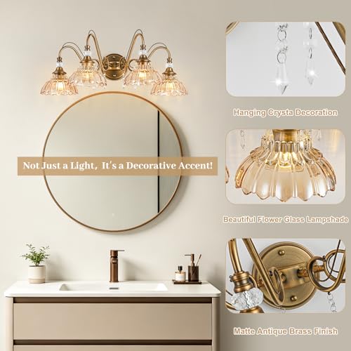 Image of Vintage Bathroom Vanity Light, 4-Light Matte Antique Brass Finish Wall Sconce with Hanging Crystal Accents and Flower-Shaped Amber Glass Shades, Retro Wall Mount Vanity Light Over Mirror for Bathroom