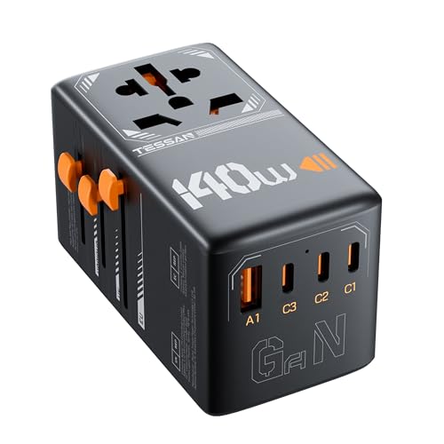 Image of TESSAN Universal Travel Adapter, 140W GaN International Plug Adaptor with 3 USB C and 1 USB A Charging Ports, Worldwide Power Outlet for US to Europe UK AUS Ireland(Type C /G /A /I), Black