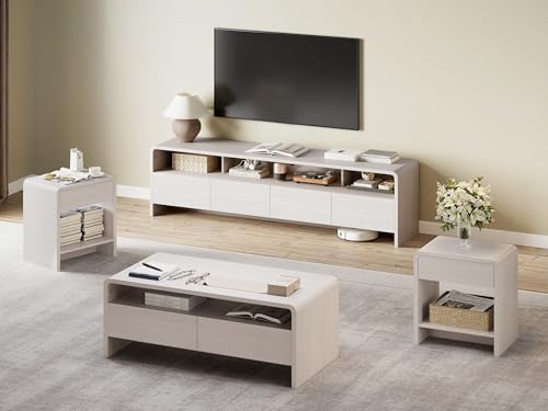 AMERLIFE 4-Piece Living Room Furniture Set, 70\" TV Stand for TVs up to 80\", Coffee Table & 2 End Tables, Modern Table Set with Large Drawers & Curved Edges, White
