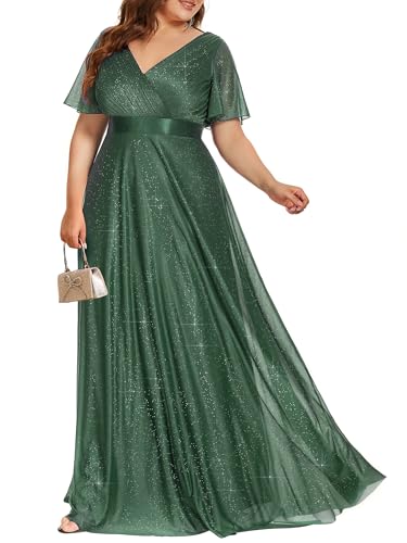Image of Ever-Pretty Plus Women's Glitter Formal Dress Evening Gown for Gala V-Neck Short Sleeve Floor Length Plus Size Prom Dresses