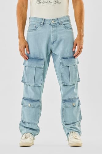 Image of SNITCH Men Cargo Pants | Baggy Fit with Multiple Utility Pockets & Turned-Up Cuffs | Cotton Blend Fabric for Streetwear & Casual Outings