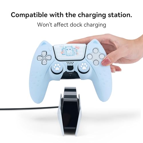Image of GeekShare Cute Cat Paw PS5 Controller Skin Set Anti-Slip Silicone Protective Cover Skin Case for PS5 Wireless Controller with 2 Thumb Grip Caps and 1 Sticker (Blue)