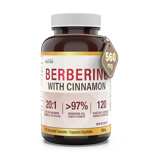 Herba Berberine Supplement with Ceylon Cinnamon – 120 Capsules | Ultra Pure >97% | Berberine 1000mg (per 2 Berberine 500mg capsules) | Blood Sugar Support Supplement | Berberine HCL with Cinnamon Capsules 20:1 | Made in Canada