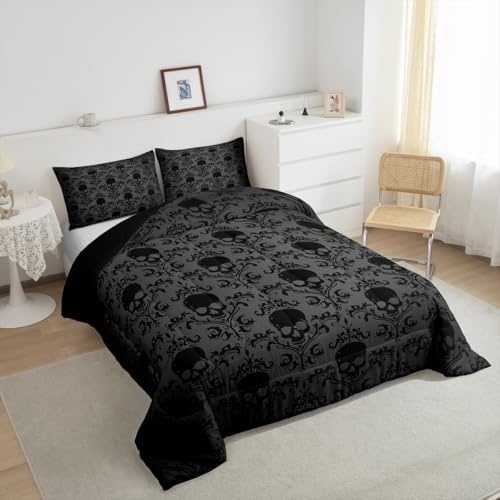 Image of Feelyou Kids Black Demask Bedding Set Queen Size, Skull Demask Set Boys Girls Gothic Vintage Floral Duvet Insert Kids Room Decor