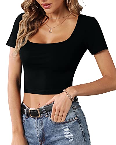 CLOZOZ Short Sleeve Square Neck Crop Tops for Women Basic Slim Fit Cropped T-Shirt2