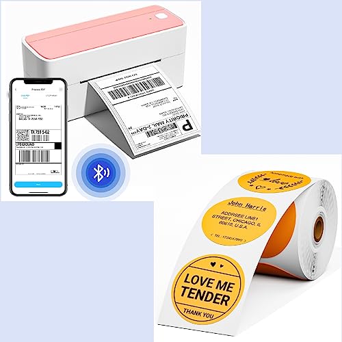 Memoqueen Pink Bluetooth Shipping Thermal Label Printer With 2X2 Round Thermal Labels(750Pcs) Wireless Label Printer For Shipping Packages & Small Business, Compatible With Iphone, Amazon, Usps #TOP11