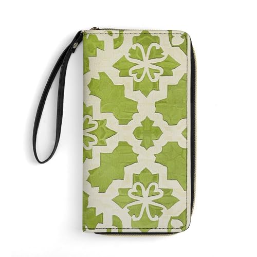 Lime Green And White Wallet, Long PU Leather Wallet with Wrist Strap, Large Capacity & Multi Card Holder Wallets