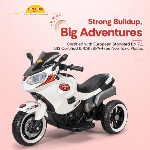 Image of Toyzone Roach Electric Bike (White) | 6V Rechargeable Bike for Kids with 4.5Ah Battery | LED Lights, Music, MP3 /USB /BT | Smooth Acceleration | 6M Battery Warranty | Age 2-8 Years, Up to 35kg
