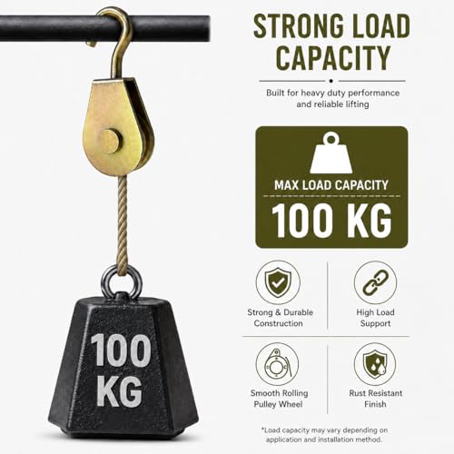 Image of Heavy Duty Metal Pulley Hook Wheel for Rope & Wire Cable | Single Wheel Hanging Pulley Block with Smooth Roller for Gym, Clothesline, Garage, Lifting, DIY & Utility Use (Pack of 2)