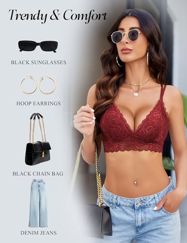 Image of Avidlove Bras for Women Floral Lace Bralettes Deep V Sexy Bras Cross Back Longline Bralette No Padded