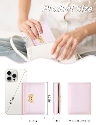 BIAOTIE Coquette Bow Wallet for Women, Small Slim Trifold Womens Wallet with Key chain Cute Aesthetic Card Holder ID Window for Girl (Pink)3