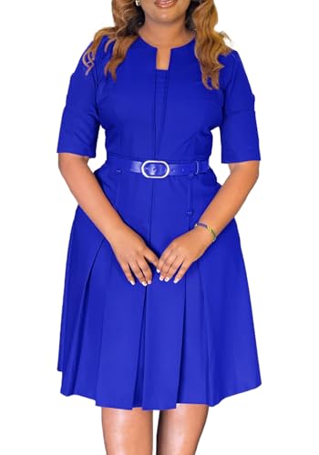 HuiSiFang Women's Work Blazer Dress Crewneck Dress Business Elegant Pleated Midi Dress with Belt