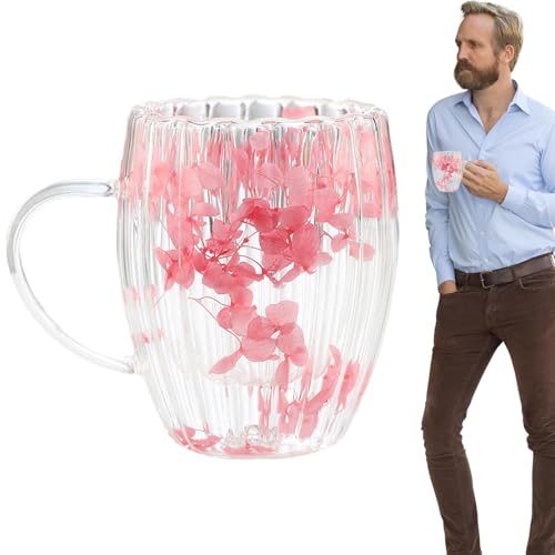 Gitekain Cups With Dried Flowers, 300ml Double Walled Coffee Cup, Clear Coffee Cup With Handle, Double-Walled Beverage Glasses, Drinking Cups For Hot Cold Drinks, Glass Cups With Floral Design