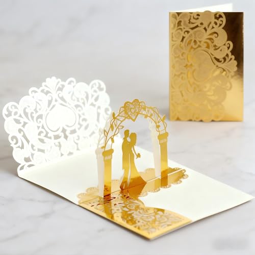 Tarjeta de Boda Desplegable 3D Pop-up Dorada Imagen de Tarjeta de Boda Desplegable 3D Pop-up Dorada