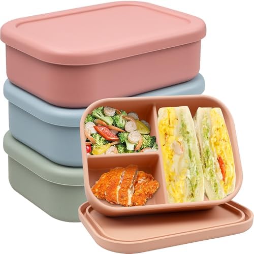 4 Pack Silicone Bento Box 3-Compartment Lunch Boxes, Meal Prep Portion Control Containers for Adults Students School Picnic Work, Microwave Dishwasher Freezer Safe -4 Colors
