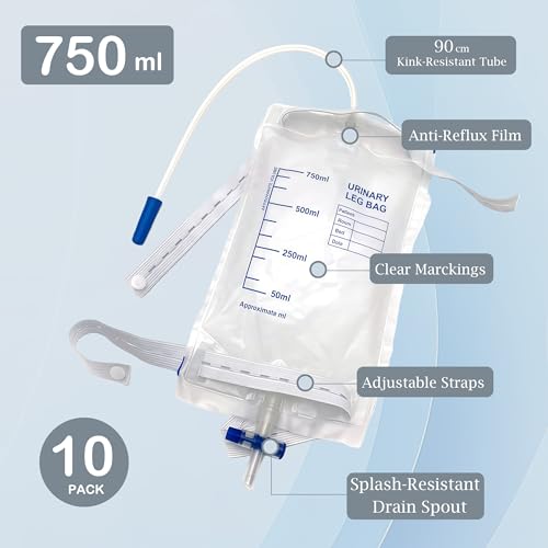 10 Stück 750ml Urinbeutel Beinbeutel: Einweg-Urinbeutel Beinbeutel, Beinbeutel mit T-Ablassventil Anti-Rückfluss Design, Urindrainagebeutel mit Ventil, Ablass und Stoffbänder,Unabhängige Verpackung