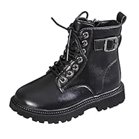 Girls Ankle Boots With Buckle Kids Lace Up Design Side Zipper Black Chelsea Boots Fall Winter Riding Combat Boot for Girls Fashion Casual Durable Leather Booties (Black #4, 12.5 Little Child)
