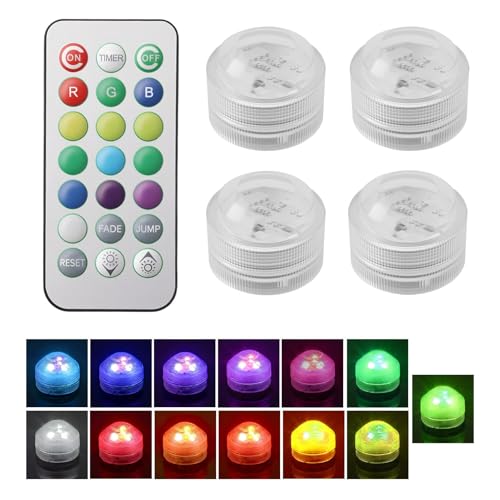 4PCS Mini Submersible LED Lights with Remote Control Underwater Versatile Waterproof Flameless Button RGB Tea Light Colour Changing Pond Light for Paper Lantern Wedding Party Table New Year
