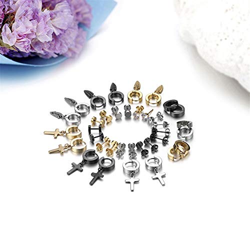 Aroncent 18 Pairs Stud Earrings Cross Dangle Earrings Fake Gauges Earrings Feather Huggie Hoop Earrings For Men Women Stainless Steel Earring Set #TOP5