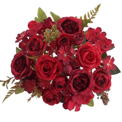 4 Pcs Mixed Artificial Peony Flowers Set-2 Bouquets & 2 Stems, Red Fake Peony Rose Hydrangea Flowers for Vase Silk Floral Arrangements for Table Centerpiece Wedding Party Bridal Decoration Home Decor