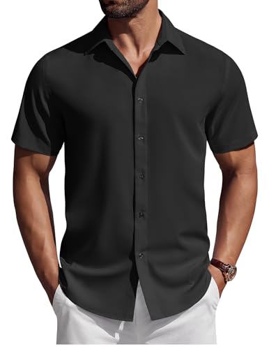 COOFANDY Camisas para Hombre Manga Corta Casual Respirable Verano Camisa Vestir Informal Elegante para Boda Negocios Fiesta Clásica Shirts Negro 3XL