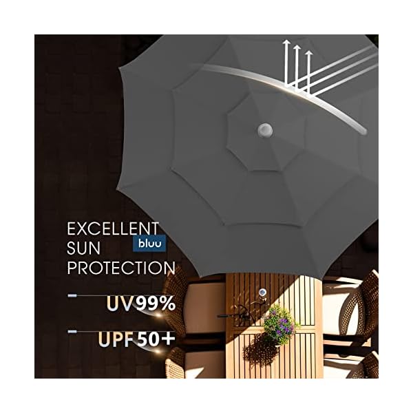 Bluu 9 ft 3 tiers aluminum outdoor patio umbrella 5 year fade resistant outdoor market table umbrella with push button tilt for pool deck garden and lawn dark grey  urban country home decor