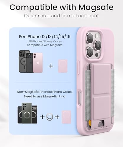 Tarjetero de cuero rosa con soporte MagSafe ideal para viajar ligero con iPhone 15 2