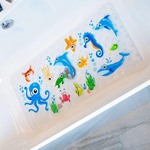 BeeHomee Cartoon Non Slip Bathtub Mat for Kids - 34x15 Inch XL Large Size Anti Slip Shower Mats for for Toddlers Children Baby Floor Tub Mats (Blue Ocean)