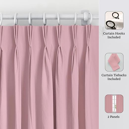 Image of Triple Pinch Pleated Blackout Curtains Thermal Insulated Room Darkening Curtains for Bedroom /Livingroom Pack of 2 Panels, Tiebacks, Hooks (Baby Pink)