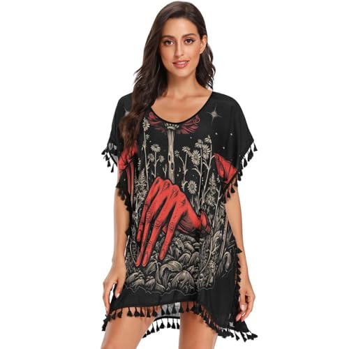 Red Rose Hand Flower Women's Beach Cover Up Chiffon Tassel Swimwear Swimsuit Coverups for Girl