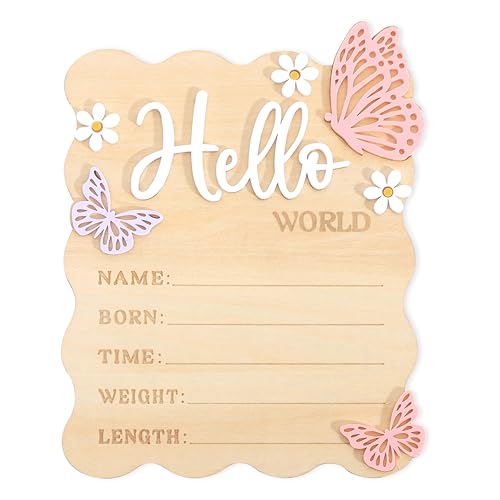 Image of Butterfly Daisy Hello Worid Board - Little Butterfly Birth Announcement Sign, Wooden Hello World Card for Hospitals, Newborn Birth Information Record Board, Daisy Nursery Decorations Photo Props