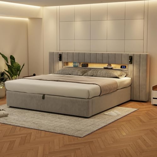 Zepneiy Lit rembourré 180 x 200 cm avec Port USB et éclairage LED, lit Double Moderne 180×200 avec Lampe de Chevet, Lit Hydraulique avec Espace de...