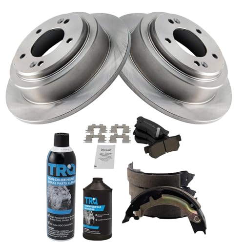 Image of TRQ Rear Brake Pad & Rotor Kit, with Chemical Kit Parking Brake Shoe Set Semi-Metallic Compatible with 2004-2006 Kia Amanti
