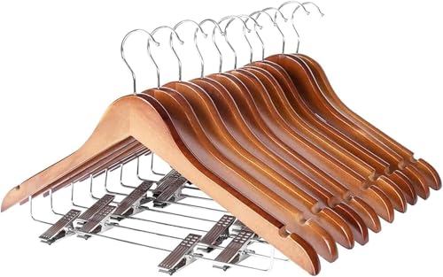 ハンガー 高級木製ハンガー 滑り止め凹みとズボンバーが付いた衣類ハンガー 型崩れ防止 360度回転薄型洋服ハンガー スーツ・シャツ・ジャケット・コート用 天然の美しい木目 収納しやすい10 本セット 茶褐色