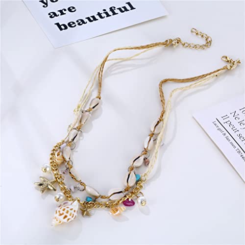 Starfish Shell Necklace Conch Starfish Faux Pearl Necklace Charm Women Bohemian Adjustable Seashell Necklace Mermaid Costume Jewelry For Women, Golden(24.8" Perimeter With 2.8” Extend Chain) #TOP7