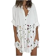 Womens Button Down Dresses Floral Graphics 3/4 Sleeve Short Mini Dress Summer Casual Daily Loose ...