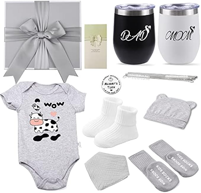 Aemoo im New Parents Pregnancy Gift, Mommy and Daddy Est 2023 Stainless Steel Wine Tumbler Set with Onesie Baby Socks - Top New Parents Gifts Idea for Gender Reveal